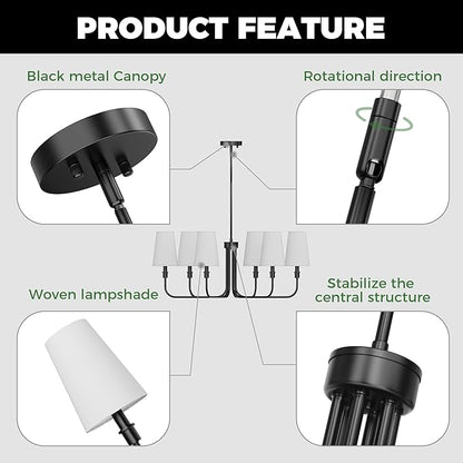 DORESshop 6-Light Chandelier for Dining Room Light Fixture Over Table, 33.86" Modern Matte Black Chandelier with White Linen Shades, Adjustable Hanging Light Fixture for Kitchen Island Foyer Hallway