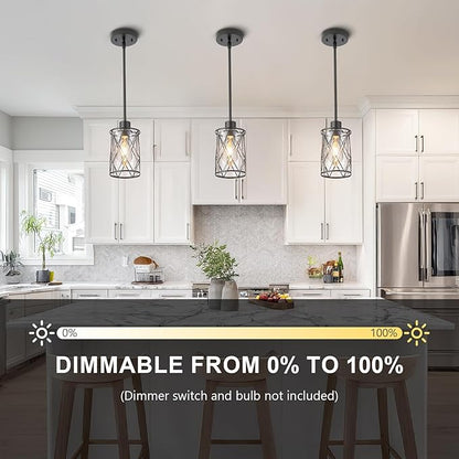 Refice Glass Pendant Lights Kitchen Island, Black Kitchen Hanging Light with Clear Glass, Farmhouse Cage Mini Pendant Lighting for Sink Dining Room Bedroom Bar, 2 Pack