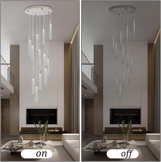 12-Light Chrome Bubble Crystal Chandelier, Cool White Spiral Staircase Pendant for High Ceilings Sloped Ceiling Compatible Canopy Adjustable Hanging Height Hardwired Foyer Entryway