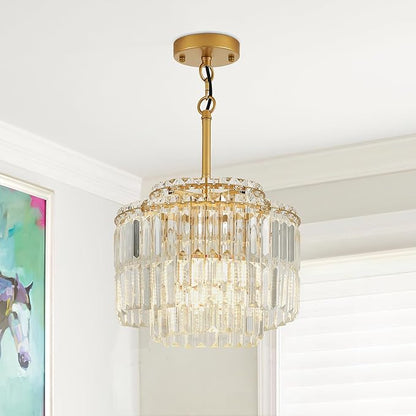 Modern 12.8“ Gold Crystal Chandelier Ceiling Light Fixtures for Dining Room Luxury Glam 4-Light Crystal Chandeliers Lighting for Bedroom Entryway Hallway Living Room Kitchen Island Foyer