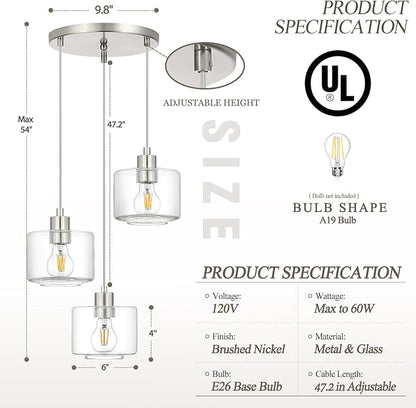 Brushed Nickel Dining Room Chandelier Light Fixture, 3-Light Pendant Lighting with Clear Glass, Modern Kitchen Island Cluster Hanging Pendant Lights for Kitchen Dining Room, OS-YQ8153-3BNC