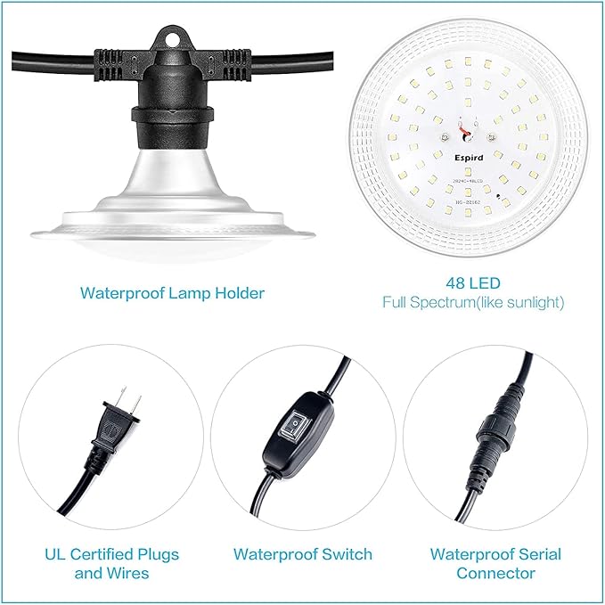 6-Light LED Grow Light Plant Growing Lamps with Timer, Outdoor Waterproof Grow Light String for Greenhouse, Full Spectrum Grow for Seeding Veg Flowers