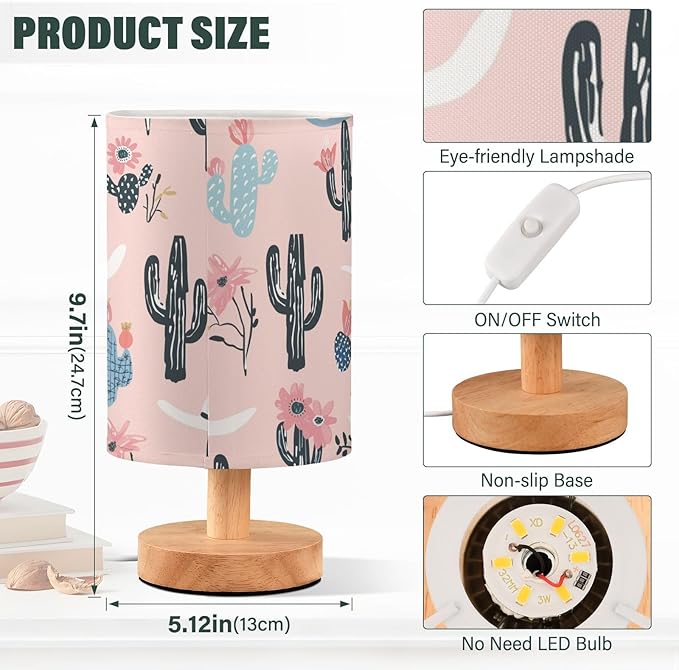 Bedside Table Lamp Western Cowboy Desert Cactus Pink Nightstand Lamp with Wood Desk Lamps for Bedroom Living Room Nursery Office Home Decor