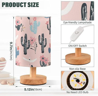 Bedside Table Lamp Western Cowboy Desert Cactus Pink Nightstand Lamp with Wood Desk Lamps for Bedroom Living Room Nursery Office Home Decor