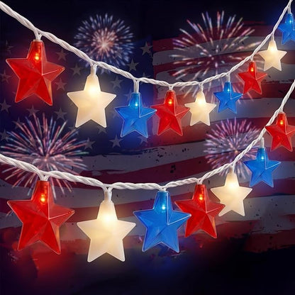 8.5Ft Red White and Blue Lights, 4th of July String Lights Plug in with 10 Five Star LED Bulbs, Fourth of July Decorations for Independence Day Patriotic Party, White Wire