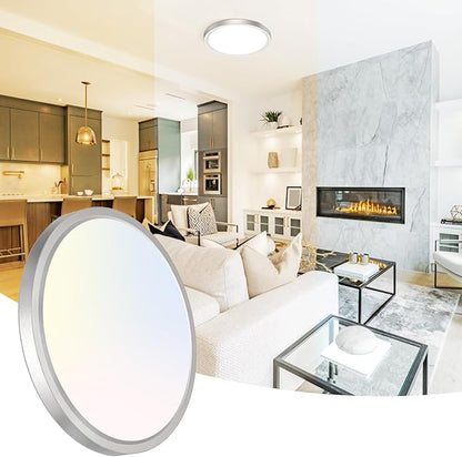 Peasur 12 Inch LED Ceiling Light Brushed Nickel, 24W Slim Flush Mount Ceiling Light 3000K/4000K/6500K Adjustable, Modern Round Ceiling Lighting for Bedroom, Living Room, Kitchen