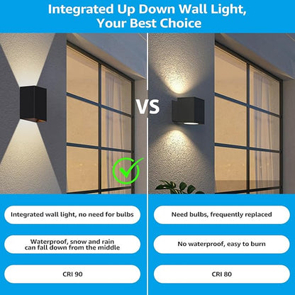 LEONLITE LED Square Up Down Wall Lights Outdoor, CRI90+, 120V, ETL Listed Modern Porch Light, Wet Location, 8.07 Inch Indoor Matte Black Wall Sconce, 10W 844LM 3000K Warm White, Pack of 2