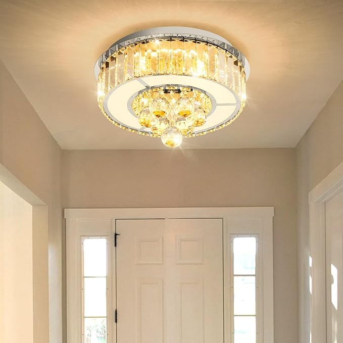 11.8" Silver Modern Crystal Chandeliers for Dining Room LED Dimmable Light Fixtures Flush Mount Light Living Room Bedrooms