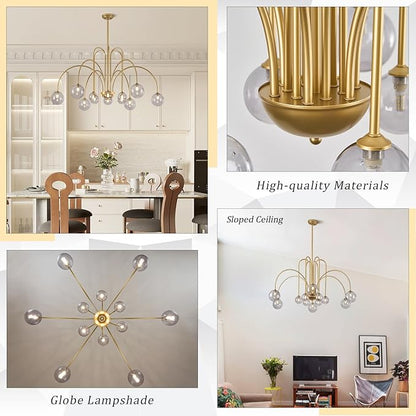 CATINER Gold Chandeliers 12 Lights Modern Sputnik Chandelier Large L52”Mid Century Ceiling Pendant Light Fixtures with Smoke Glass Globe Shades for High Ceiling Living Dining Room Foyer Staircase