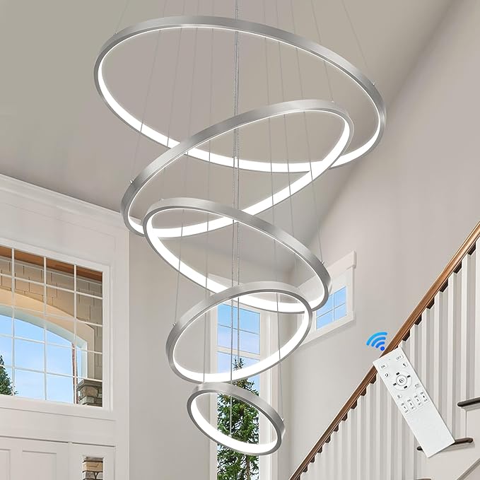 5 Rings Brushed Nickel Ring Chandeliers Moedrn LED Chandeliers Dimmable Foyer Chandelier for High Ceiling Dimmable Contemporary Nickel Chandelier for Living Room Staircase Entryway, 3000K-6500K