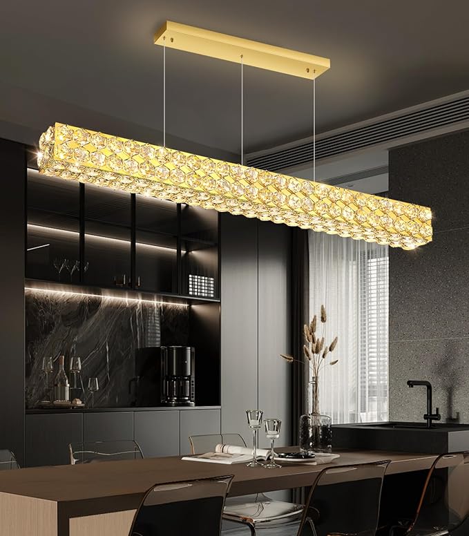 47'' Modern Crystal Chandelier for Dining Room Ceiling Light Fixture for Living Room Hallway Lighting LED Dimmable with Remote Gold