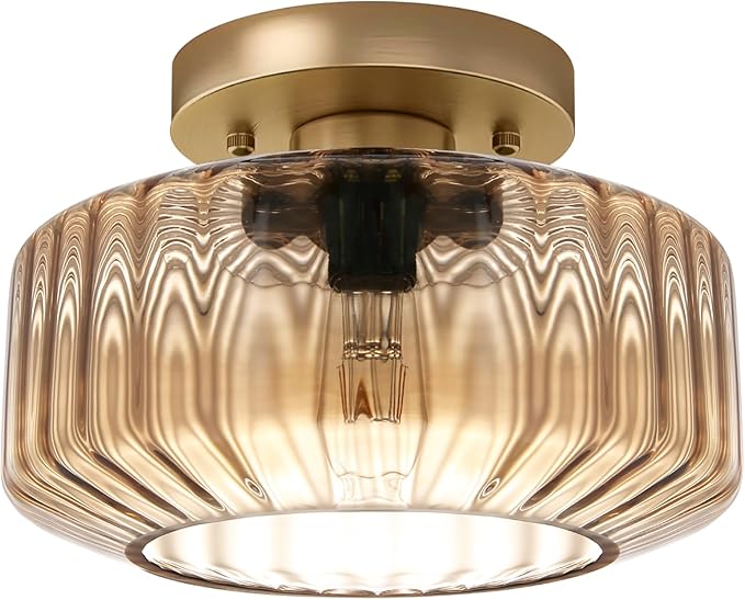 Amber Semi-Flush Mount Ceiling Light, Mid-Century Small Ceiling Light Fixture, E26 Base 1-Light Gold Ceiling Lamp for Kitchen Bathroom Hallway Bedroom Entryway