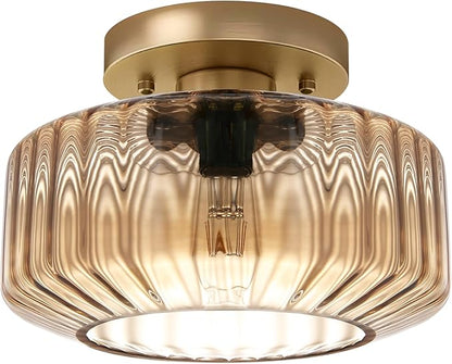 Amber Semi-Flush Mount Ceiling Light, Mid-Century Small Ceiling Light Fixture, E26 Base 1-Light Gold Ceiling Lamp for Kitchen Bathroom Hallway Bedroom Entryway