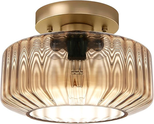 Amber Semi-Flush Mount Ceiling Light, Mid-Century Small Ceiling Light Fixture, E26 Base 1-Light Gold Ceiling Lamp for Kitchen Bathroom Hallway Bedroom Entryway
