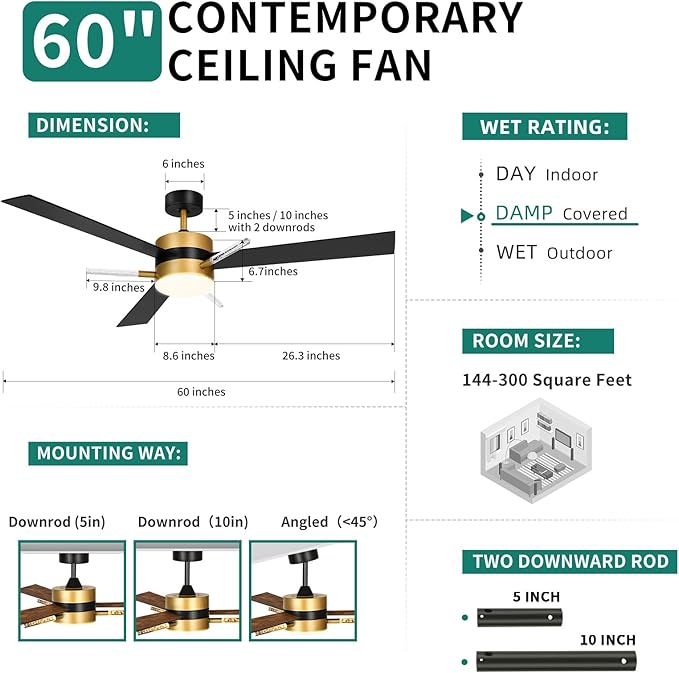 YITAHOME 60 inch Ceiling Fan with Light and Remote, Crystal Rod Design, Modern Fanlight with Reversible Quiet Motor, Black Gold Indoor Ceiling Fan with 3 LED Colors, Memory Function