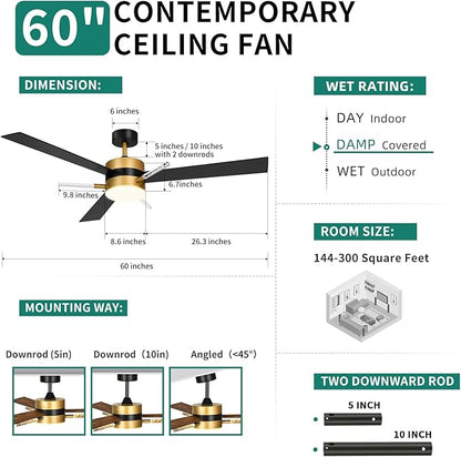YITAHOME 60 inch Ceiling Fan with Light and Remote, Crystal Rod Design, Modern Fanlight with Reversible Quiet Motor, Black Gold Indoor Ceiling Fan with 3 LED Colors, Memory Function