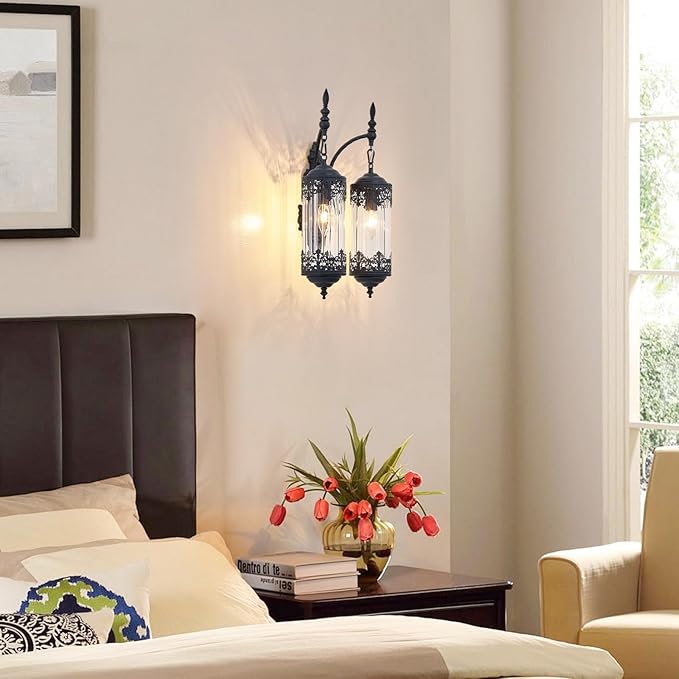 Rustic Glass Wall Sconce Vintage Antique Gothic Wall Light Fixture Retro Farmhouse Mid Centry Lantern Wall Sconce for Bedroom, Living Room, Mirror, Black