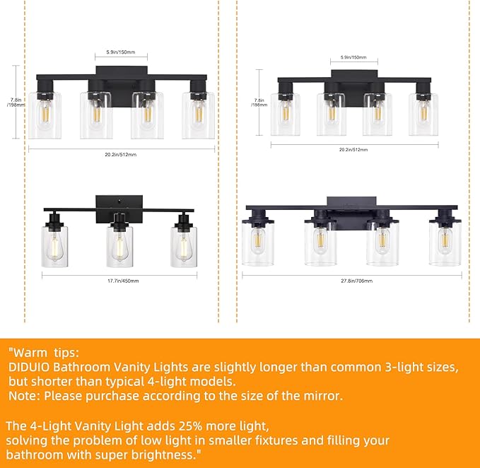 Black Vanity Lights for Bathroom 4 Light Bathroom Vanity Light Classic Bathroom Lighting Fixtures Over Mirror Farmhouse Vanity Lights with Clear Glass Shade