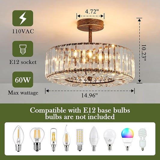 Piepooye 4 Lights Modern Crystal Chandelier Oil Rubbed Bronze Round Semi Flush Mount Ceiling Light Fixture Farmhouse Chandelier for Dinning Room Living Room Bedroom Hallway Entryway Kitchen