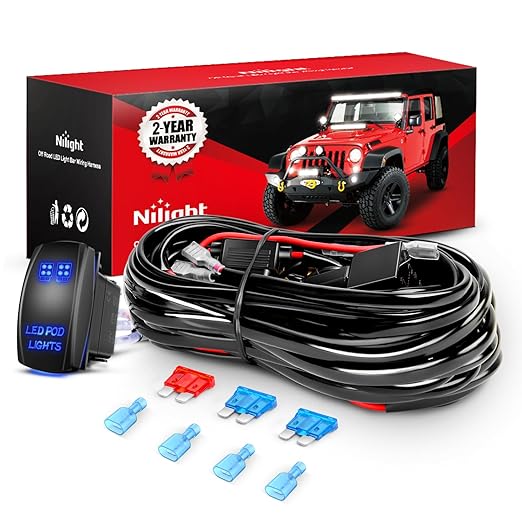 Nilight 16AWG LED POD Lights Wiring Harness Kit LED Light Bar 12V 5Pin Rocker Switch Laser On Off Waterproof Toggle Switch Power Relay Blade Fuse-2 Leads, 2 Years Warranty, Black