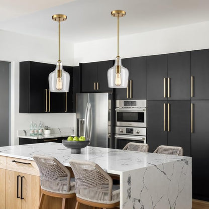 Modern Seeded Glass Kitchen Pendant Lighting Rod-Hung Brass Glod Pendant Lighting for Kitchen Island with Teardrop Shape Hand-Blown Glass