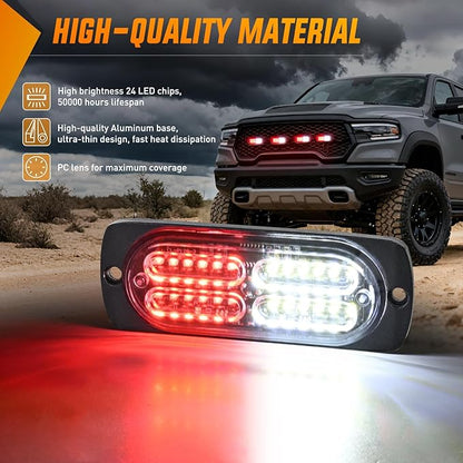 Nilight 4PCS 24LED Emergency Strobe lights 12V 24V Red White Surface Mount Grille Hazard Safety Warning Light Sync Feature Side Flashing Marker Flash for Car Truck Campers