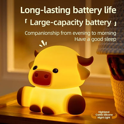 Highland Cow Night Light, Huggwaii Squishy Silicone Lamp for Kids - Dimmable Touch Sensor Cute Animal Lamp, Soft Glow Night Light for Nursery, Bedroom, Christmas Gifts for Boys, Girls, Women