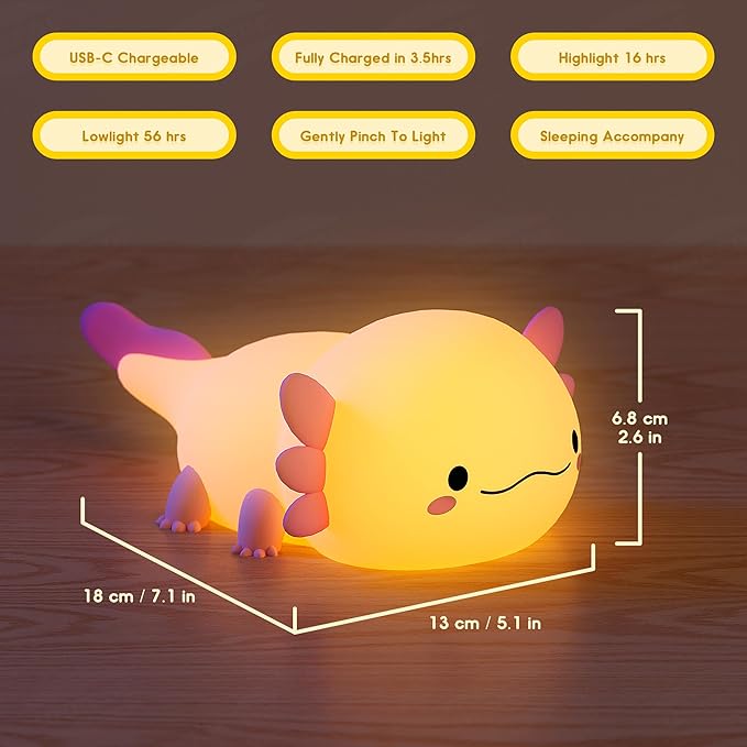 UNEEDE Axolotl Night Light for Kids with Axolotl Keychain,Animal Silicone Nursery Night Lamp, Rechargeable Table Lamp Bedside Lamp,Cute Room Decor Night Light for Bedroom,Desk Decorations,Gift