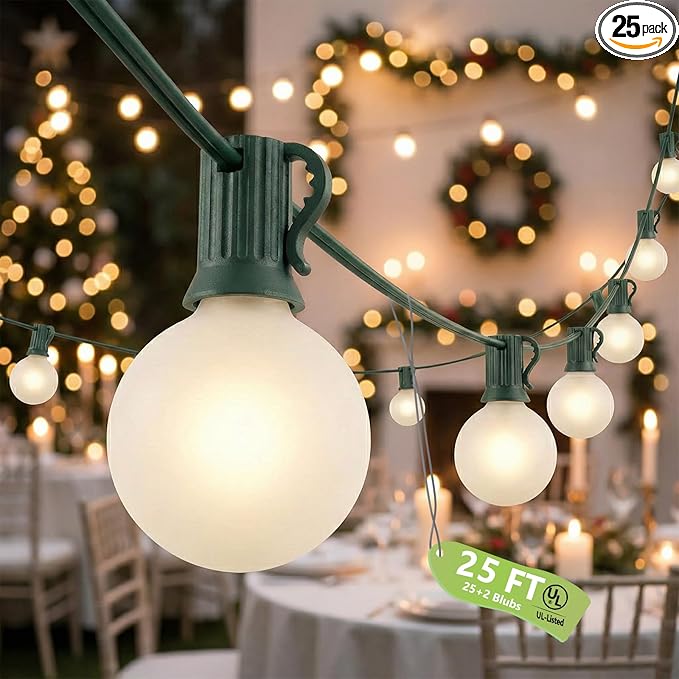 25FT G40 Frosted Christmas Lights,Globe Christmas Lights with 27 Frosted White Bulbs,Outdoor String Lights for Outside Indoor Garden Wedding Pergola Backyard Patio Xmas Tree Decor,Green Wire