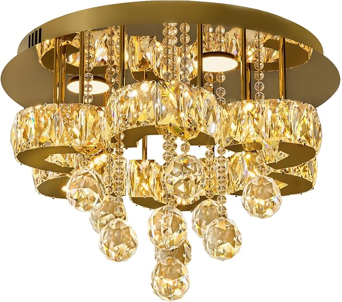 Flashing God 16" Gold Crystal Chandelier Semi Flush Mount Ceiling Light Crystal Close to Ceiling Light Fixtures for Bedroom Living Room Kitchen Hallway Dimmable Lighting 2700k 4500k 6000k