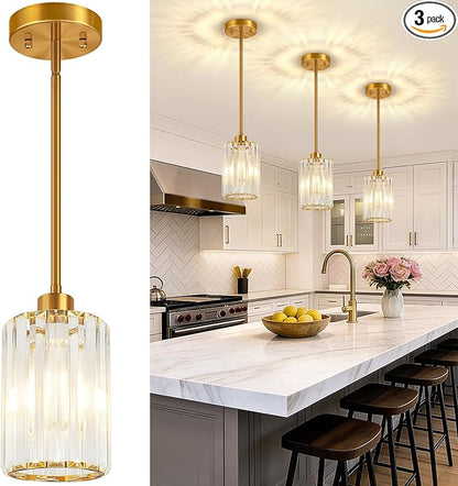 3 Pack Brushed Gold Pendant Lights Kitchen Island, Modern Crystal Chandelier Kitchen Pendant Lighting Over Island, Adjustable Hanging Mini Light Fixtures for Dining Room Hallway Corridor Bedroom