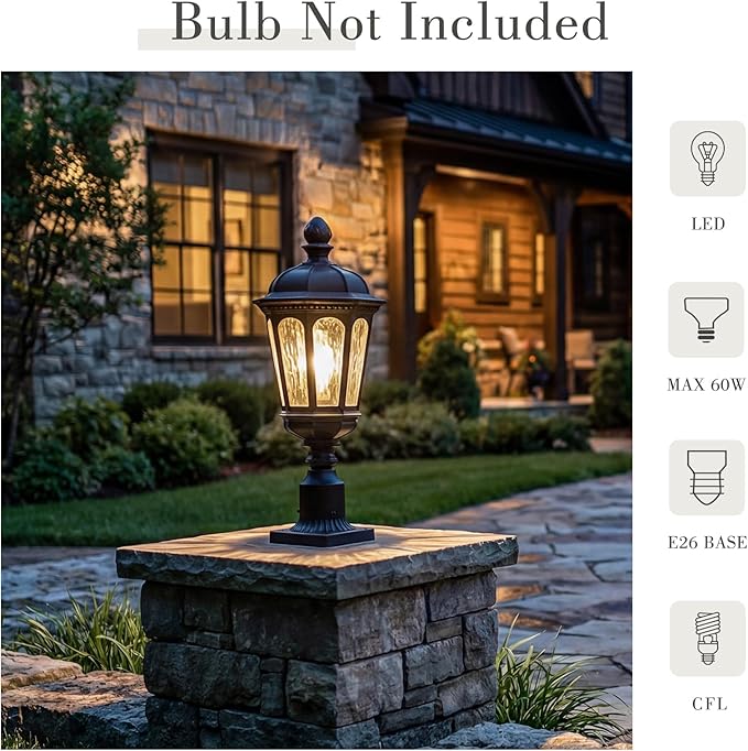 Emliviar 19.3 Inch Lamp Post Light Fixture, Matte Black Pillar Outdoor Lantern for Garden and Patio, E26 Base, Water Ripple Glass, XE304P-M BK-SW