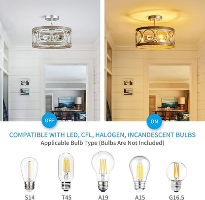 XINGQI 13" Modern 3-Light Brushed Nickel Rustic Semi Flush Mount Ceiling Light Fixture Wood Grain Metal Round Lamp for Kitchen Dining Room Bedroom Entryway