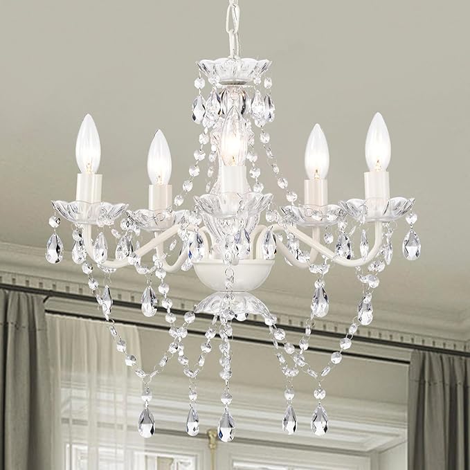 Small White 5-Light Crystal Chandelier, Modern Glass Chandelier Lighting Fixture, Small Chandelier for Bedroom, Dining Room, Living Room, Kitchen, Foyer, Girls Room Ceiling Light