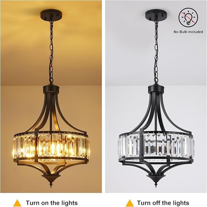 CNRATYE 16" Modern Black Crystal Chandelier, 4-Light Farmhouse Dining Room Light Fixtures Over Table Hanging, Antique Round Pendant Lights Kitchen Island Entryway Bedroom Office Stairwell Hallway