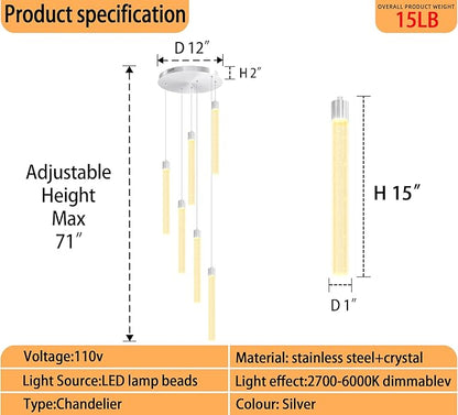 Silver 6-Light Modern Crystal Spiral Chandelier for Staircase High Ceiling Chandeliers Bubble Crystal Chandelier Lighting Cluster Hanging Light Fixture for Living Room Foyer