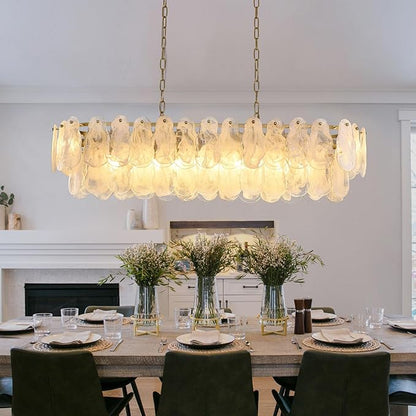 Modern Rectangle Glass Chandelier, 43.31 Inch Gold Luxury Crystal Pendant Light, 12-Light Oval Cloud-Shaped Fixture for Island Lights Dining Room, Living Room, E12 Socket