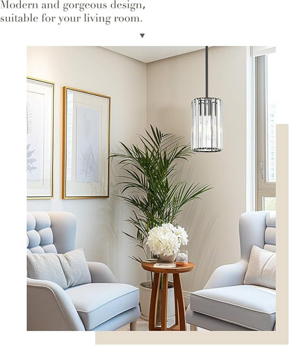 Crystal Pendant Light, Mini Chandelier with Matte Black Finish, Modern Hanging Light Fixture for Kitchen Dining Room Bedroom, CKPL5510-1P-BK