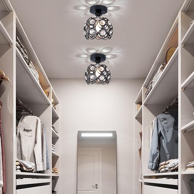 TISLYCO Modern Chandelier Crystal Ceiling Hallway Light, Mini Semi Flush Mount Ceiling Light Fixture Mini Chandelier, Antique Black Metal Crystal Chandelier Lamp Entryway Bedroom Bathroom Kitchen