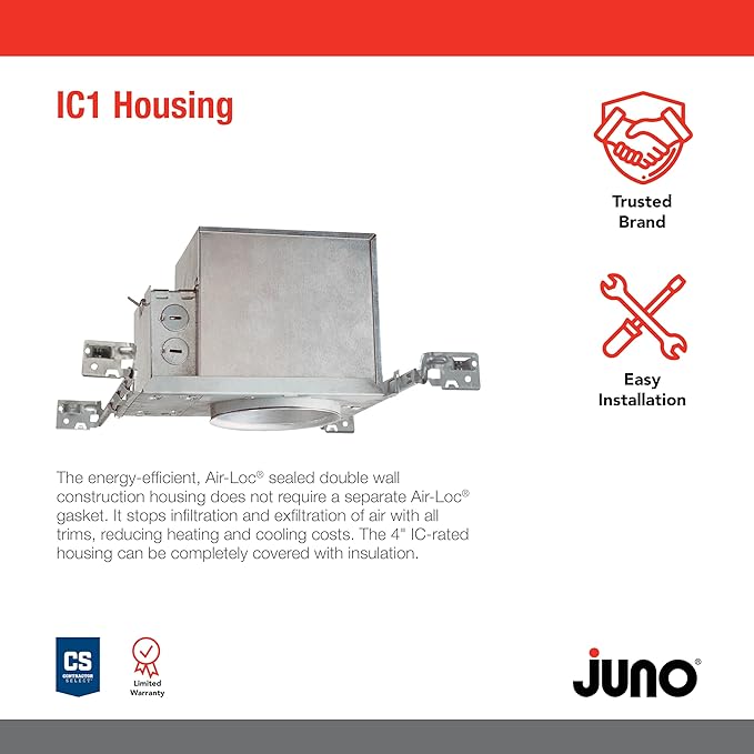 Juno 4 Inch Incandescent Ceiling Light Housing for New Construction, IC Rated Recessed Light, Adjustable Bar Hangers, Damp Location UL Listed Can Lighting, Includes Push-in Electrical Connectors