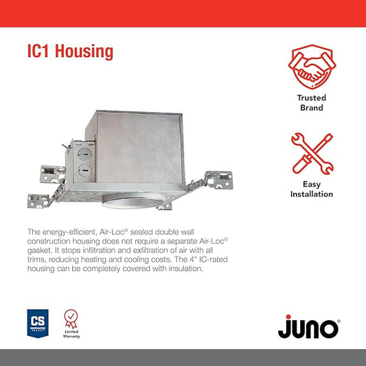 Juno 4 Inch Incandescent Ceiling Light Housing for New Construction, IC Rated Recessed Light, Adjustable Bar Hangers, Damp Location UL Listed Can Lighting, Includes Push-in Electrical Connectors