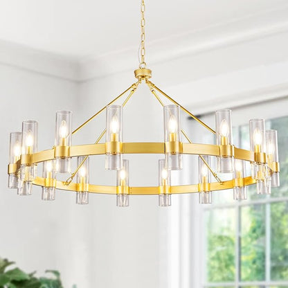 48 Inch Gold Chandelier, Wagon Wheel Chandelier with Glass Shade, 16-Lights Large Round Modern Farmhouse High Ceiling Pendant Lighting Fixtures for Dining Living Room, Kitchen Island, Foyer