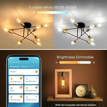 Linkind Matter Smart Light Bulb, ST19 (ST58) Smart Edison Bulbs, 2700K-6500K E26 LED Bulb 8W 60W, 800LM Edison Light Bulb, Work with Alexa, Google Home, Apple Home, SmartThings, 2.4GHz WiFi, 4-Pack