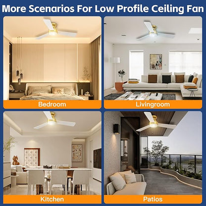 Ceiling Fans with Lights, 42 Inch Ceiling Fan with Light And Remote, 3CCT Flush Moun Low Profile Ceiling Fans, 6 Speed Noiseless LED Ceiling Fan, Advanced Gold Ceilings Fan for Bedroom Living Room