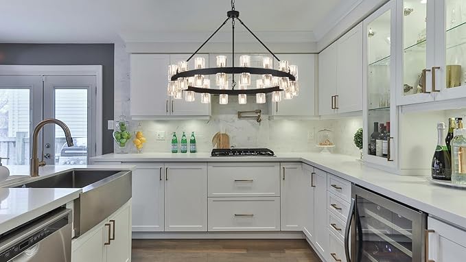 36 Inch Black Wagon Wheel Chandelier with 36 Lights Crystal Shade, Modern Farmhouse Round High Ceilings Pendant Light Fixture for Living/Dining Room, Kitchen, Bedroom, Foyer