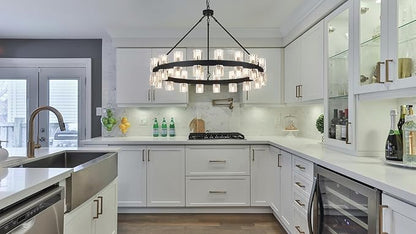 36 Inch Black Wagon Wheel Chandelier with 36 Lights Crystal Shade, Modern Farmhouse Round High Ceilings Pendant Light Fixture for Living/Dining Room, Kitchen, Bedroom, Foyer