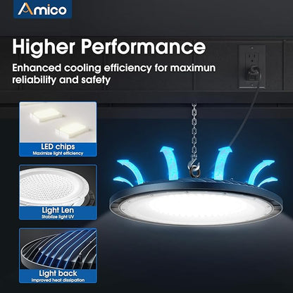 Amico 6 Pack UFO LED High Bay Light 200W 28,000lm 5000K with UL Listed US Hook 5' Cable Alternative to 650W MH/HPS for Gym Factory Barn Warehouse Lighting Fixture