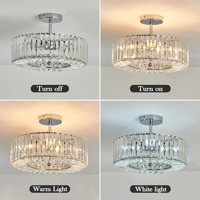 Piepooye 4 Lights Modern Crystal Chandelier Chrome Round Semi Flush Mount Ceiling Light Fixture Farmhouse Chandelier for Dinning Room Living Room Bedroom Hallway Entryway Kitchen