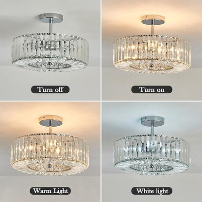 Piepooye 4 Lights Modern Crystal Chandelier Chrome Round Semi Flush Mount Ceiling Light Fixture Farmhouse Chandelier for Dinning Room Living Room Bedroom Hallway Entryway Kitchen