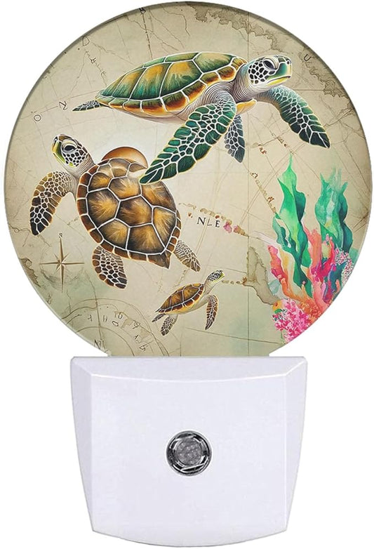 EKOBLA Sea Turtle Nautical Plug-in Night Light, Ocean Map & Coral LED Nightlight with Auto Sensor for Kids, Adults & Coastal Home Decor